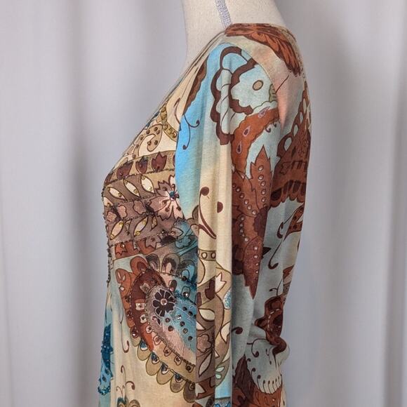 Y2K Forbidden 3/4 Sleeve V-Neck Velvet Trim Beaded Top Tan and Blue Size Medium - Picture 12 of 12